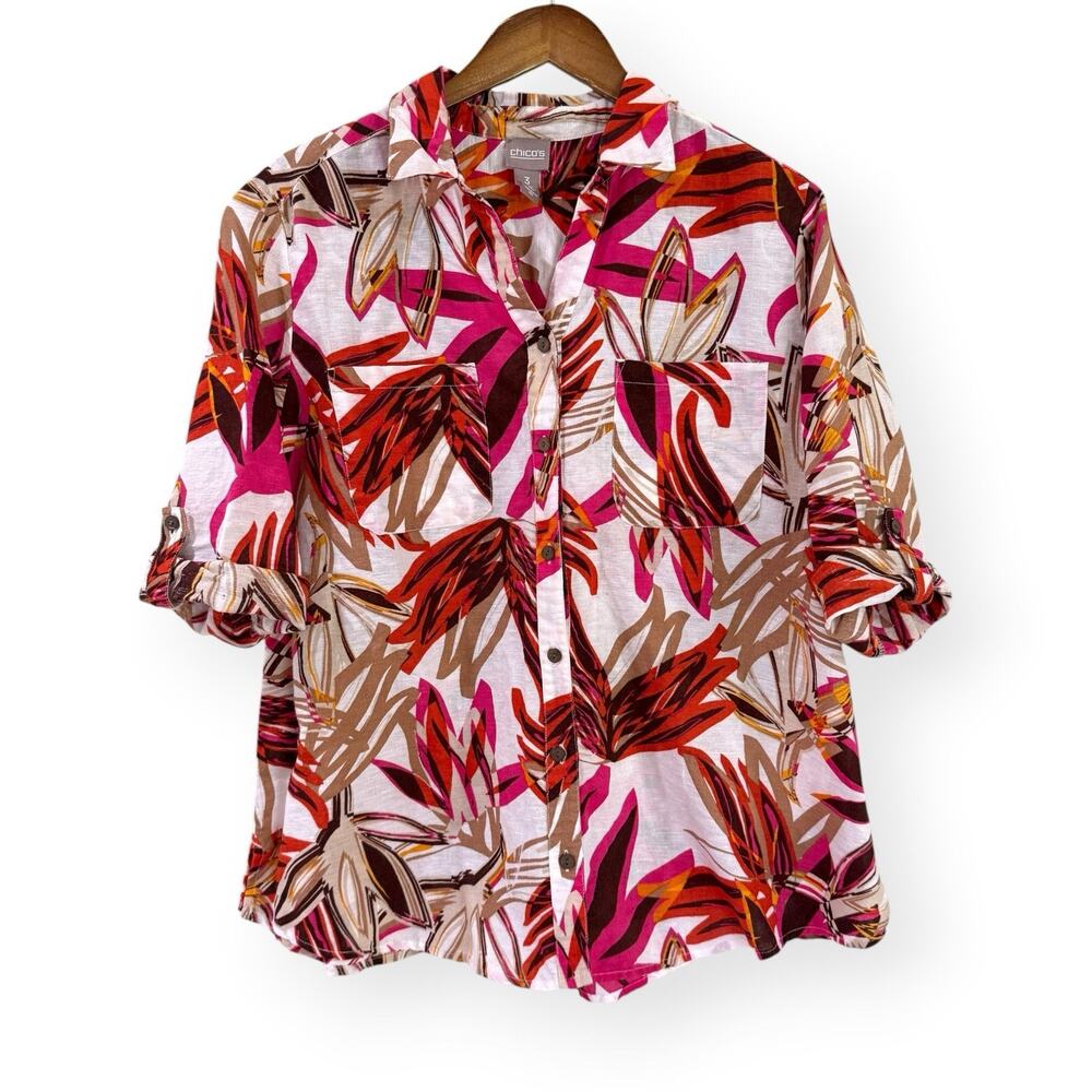 Chicos Linen Cotton Tropical Print Shirt 3 XL Roll Tab 3/4 Sleeve Hawaiian Beach